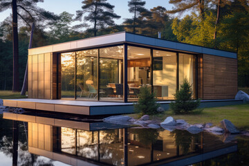 Modern prefabricated house with sleek surfaces that reflect the tranquil beauty of the surrounding nature