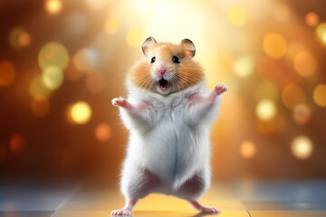 Fototapeta na wymiar The Hamster roborovski dancing or singing on blurred background