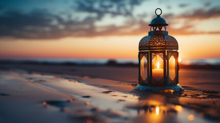 Ornamental Arabic lantern with burning candle glowing on sand. Festive greeting card, invitation for Muslim holy month Ramadan Kareem.