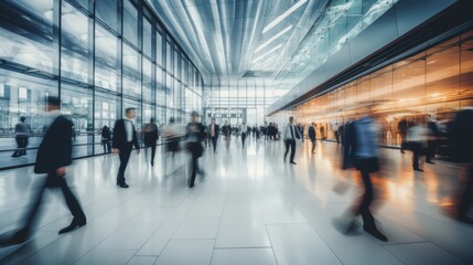 Dynamic Corporate Atmosphere: Hustle & Bustle of Modern Professionals in a Bright Office Lobby. Generative AI