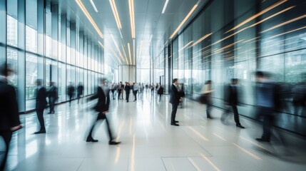 long exposure shot of a crowd of business people walking in a bright office lobby, fast-moving with blurriness. Generative AI