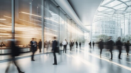 long exposure shot of a crowd of business people walking in a bright office lobby, fast-moving with blurriness. Generative AI - obrazy, fototapety, plakaty