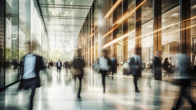 Long Exposure Shot Of A Crowd Of Business People Walking In A Bright Office Lobby, Fast-moving With Blurriness. Generative AI