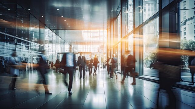 long exposure shot of a crowd of business people walking in a bright office lobby, fast-moving with blurriness. Generative AI