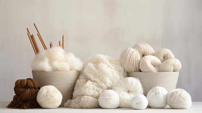 Colorful balls of wool on wooden table. Variety of yarn balls