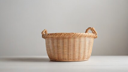 Empty basket on a white table - white background. - obrazy, fototapety, plakaty