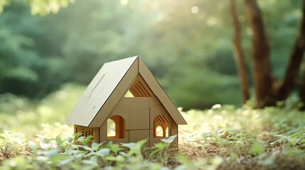Obraz na płótnie Canvas miniature toy house in grass close up, spring natural background. symbol of family. mortgage, construction, rental, property concept.