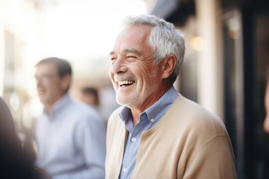 Happy elderly man outdoors smiling, expressing joy during free time with friends.