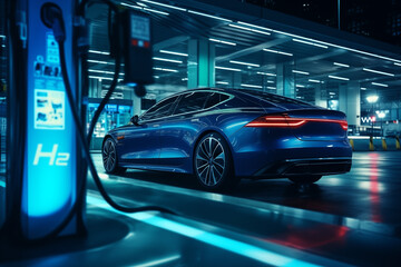 Fuel cell car at the hydrogen filling station. Concept	