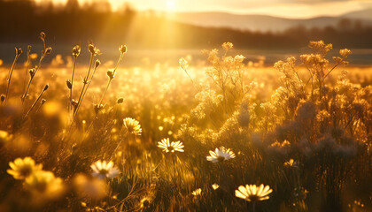 Spring Flowers in Golden Hour Glow: Dreamy Meadow Elegance