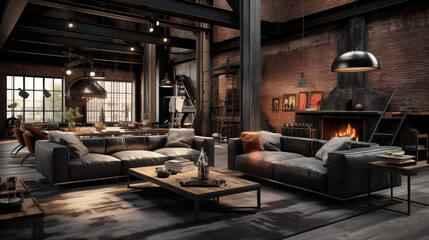 Luxurious Loft-Style Living Room with Fireplace