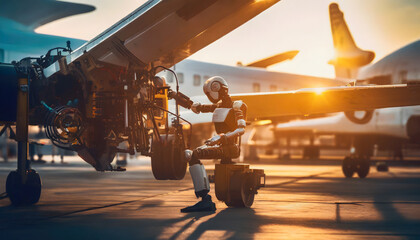 Humanoid robot making aviation repairs - obrazy, fototapety, plakaty