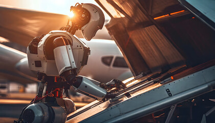 Humanoid robot making aviation repairs