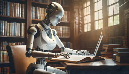 Humanoid robot studying in library