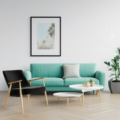 A modern living room with a mint green sofa, a white coffee table, a black armchair, a wooden floor
