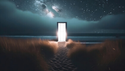 Mystical glowing portal door entrance on night beach