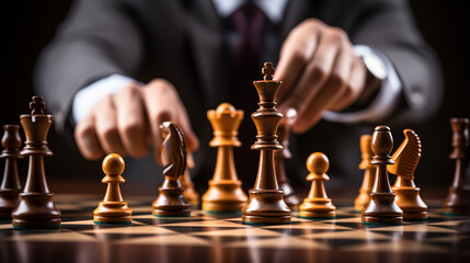Man's hand holds a chess piece king. A dark colored chess piece. The figure flies. Chess game making a move by a player is an intellectual game.