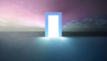 Mystical glowing portal door entrance on night beach