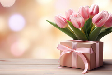Pink tulips flowers and gift or present box. Mothers Day, Birthday, Valentines Day, Womens Day, celebration concept. Space for text