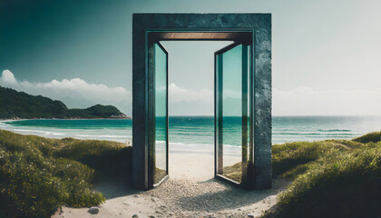 Mystical glass portal door entrance on scenic beach