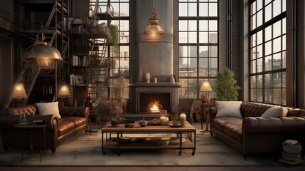 Elegant Industrial Loft Living Room with Towering Windows and Fireplace