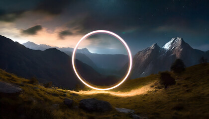 Glowing mystical round circle shaped frame portal in mountainous landscape - obrazy, fototapety, plakaty