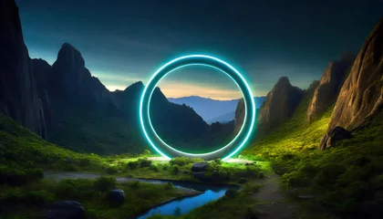 Schilderijen op glas Glowing mystical round circle shaped frame portal in mountainous landscape © Tim Bird