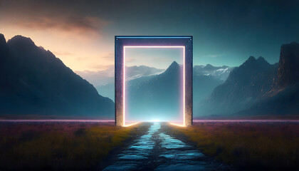 Glowing mystical rectangle shaped frame portal in mountainous landscape
