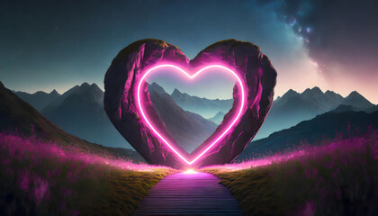 Glowing mystical round heart shaped frame portal in mountainous landscape