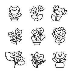 Kawaii flower cat. Coloring Page. Cute pet animal cartoon character. Hand drawn style. Vector drawing. Collection of design elements.
