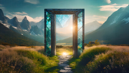 Mystical frame portal in mountainous landscape