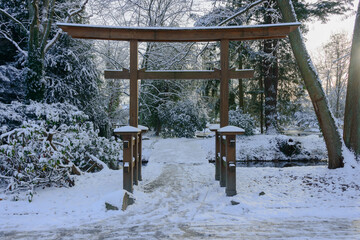 Park dworski w miejscowości Iłowaw zimowej scenerii. Ziemię i okoliczne drzewa pokrywa warstwa śniegu. Na wprost widać drewnianą bramę w stylu japońskim.