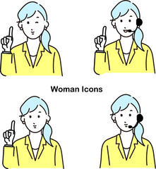 女性ー上半身ー色々な表情ーセットー白バックシンプル線画