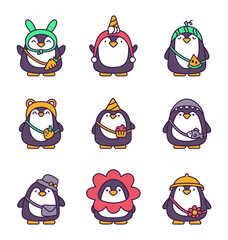 Cute kawaii penguin. Cartoon funny animals character. Hand drawn style. Vector drawing. Collection of design elements.