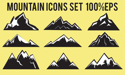 9 Set Mountains vector icon illustration, silhouette design. Eps 10