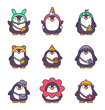 Cute kawaii penguin. Cartoon funny animals character. Hand drawn style. Vector drawing. Collection of design elements.