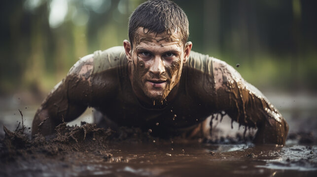 Closeup of strong athletic man crawling in wet muddy puddle in the rain in an extreme competitive sport - Powered by Adobe