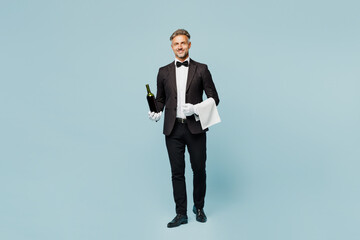 Full body adult sommelier barista male waiter butler man wears shirt black suit bow tie uniform...