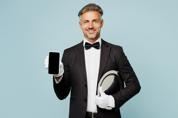 Adult barista male waiter butler man wear shirt black suit bow tie elegant uniform hold use blank...