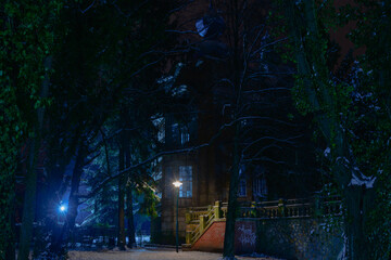 Pałac w parku zimą wśród drzew i krzewów są one pokryte warstwą śniegu, który pokrywa również ziemię. Jest noc, pałac jest skryty w mroku oświetlony nikłym światłem pobliskich latarni. - obrazy, fototapety, plakaty