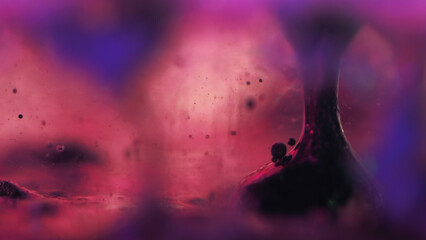 Gel fluid drop. Ink bubble. Serum emulsion texture. Defocused neon purple pink blue black color...