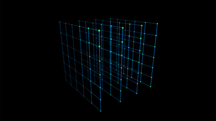 Abstract blue cube on black background. Wireframe square structure with glowing particles and lines. Futuristic digital illustration. Vector illustration.