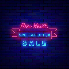 Fototapeta na wymiar New Year sale neon label. Shopping sign on brick wall. Ribbon frame. December special offer. Vector stock illustration
