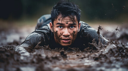 Closeup of strong athletic man crawling in wet muddy puddle in the rain in an extreme competitive sport