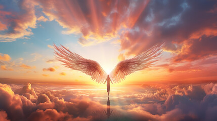 3D rendering of a woman or angel going to heaven. Beautiful sunset with clouds. - obrazy, fototapety, plakaty
