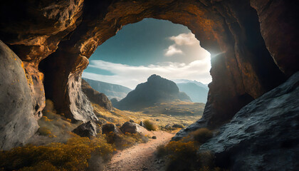 View from a cave in a mystical mountainous landscape - obrazy, fototapety, plakaty