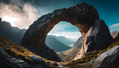Circular rock formation in a mystical mountainous landscape