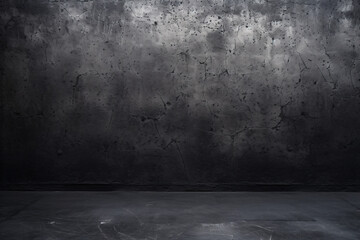 Experience the industrial charm of a black wall texture against a dark concrete floor embodying an old grunge background. - obrazy, fototapety, plakaty
