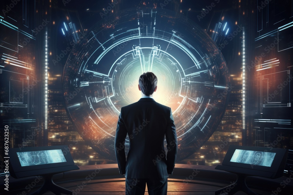 Poster back view of businessman looking at abstract glowing hud interface. future concept, back view of a b