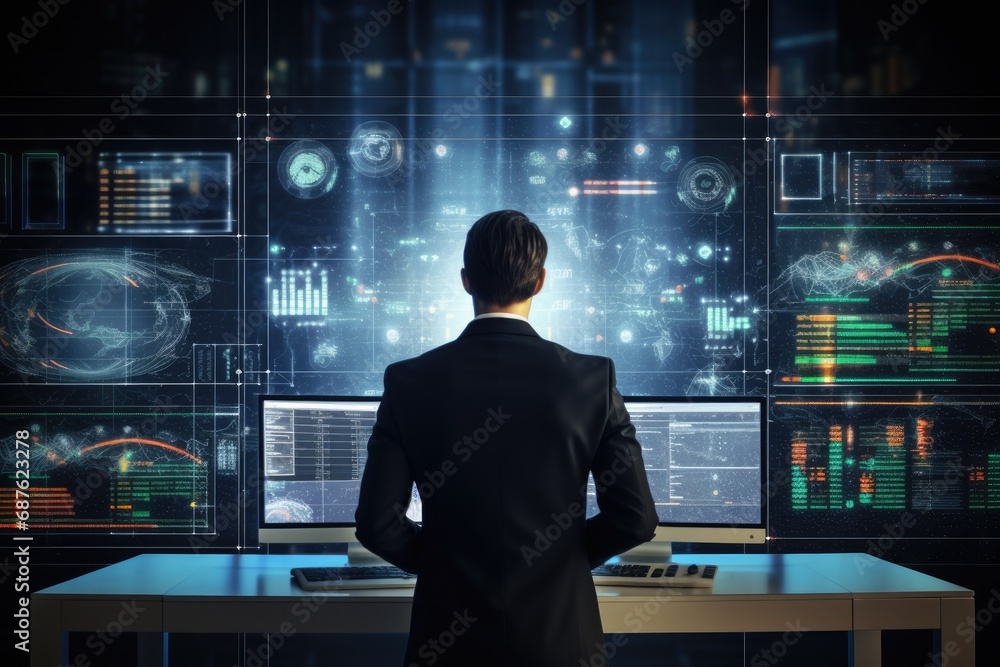 Poster rear view of businessman looking at graphs and diagrams on media screen, back view of a businessman 